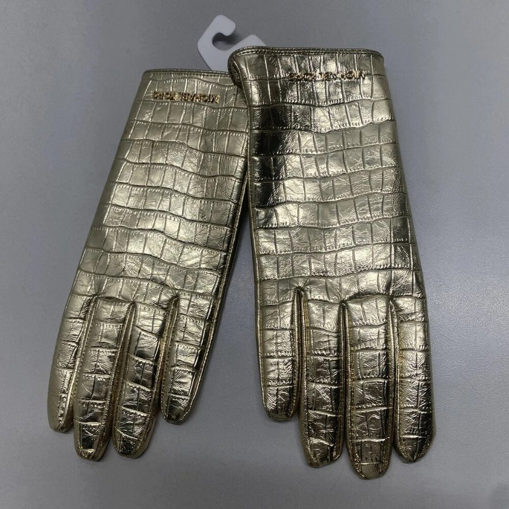 Michael Kors Women's Metallic Crocodile Embossed Leather Gloves – Size M – Gold